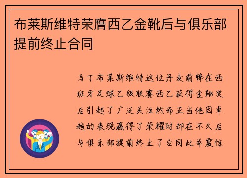 布莱斯维特荣膺西乙金靴后与俱乐部提前终止合同
