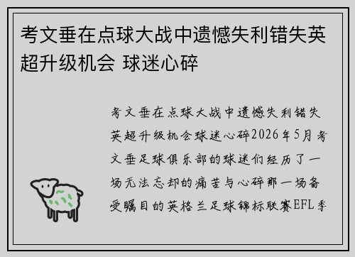 考文垂在点球大战中遗憾失利错失英超升级机会 球迷心碎